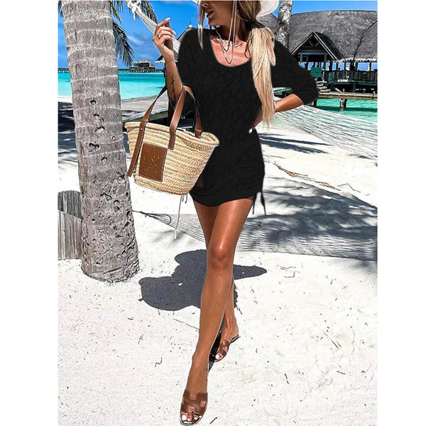 Backless Openwork Drawstring Round Neck Cover Up Swimwear