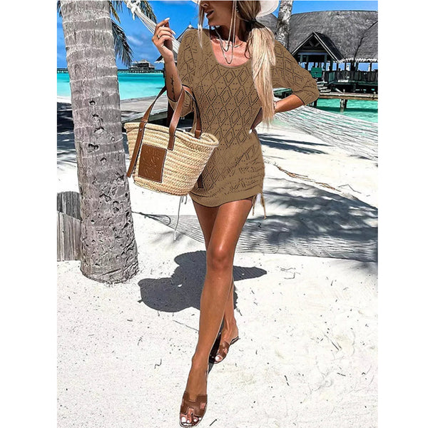 Backless Openwork Drawstring Round Neck Cover Up Swimwear