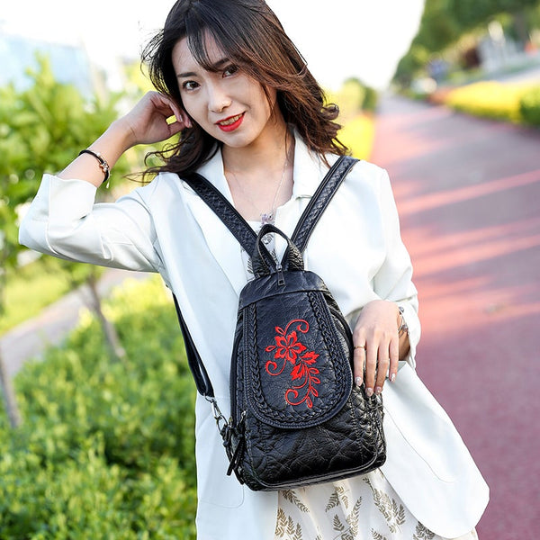 Backpack Embroidery Pu Leather Backpacks For Women Fashion Shoulder Bags Travel School Women's Bags & Handbags