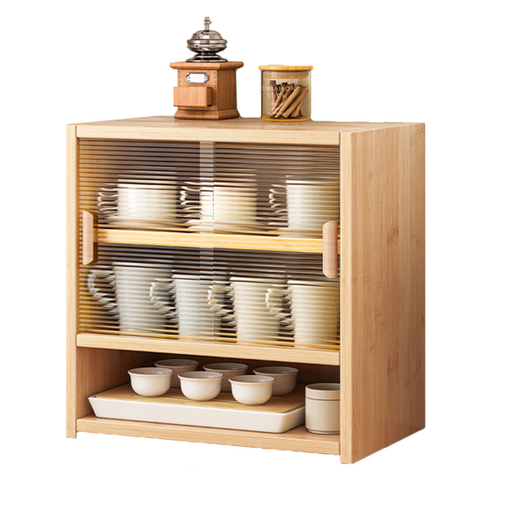 Ehc Bamboo Dustproof Cup Storage Cabinet With Sliding Acrylic Door Cabinets & Cupboards