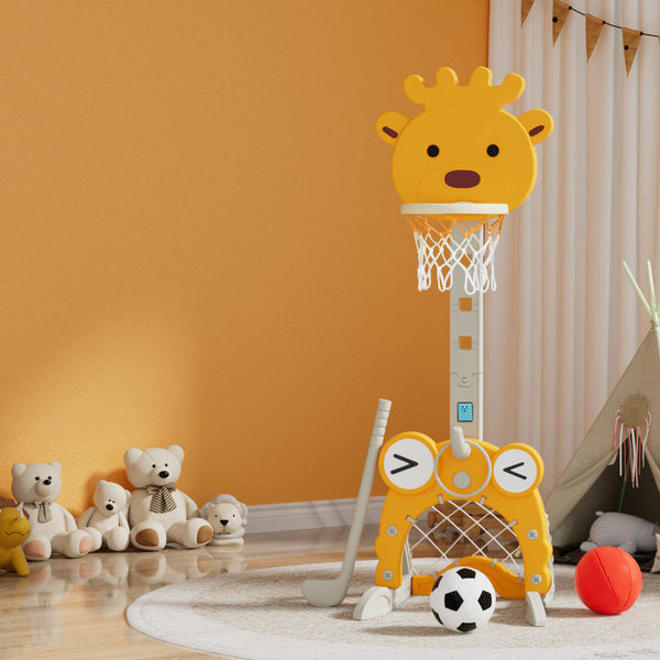 Keezi Kids Basketball Hoop Stand 5 In 1 Sports Center Toys Set Yellow Outdoor Toy Balls