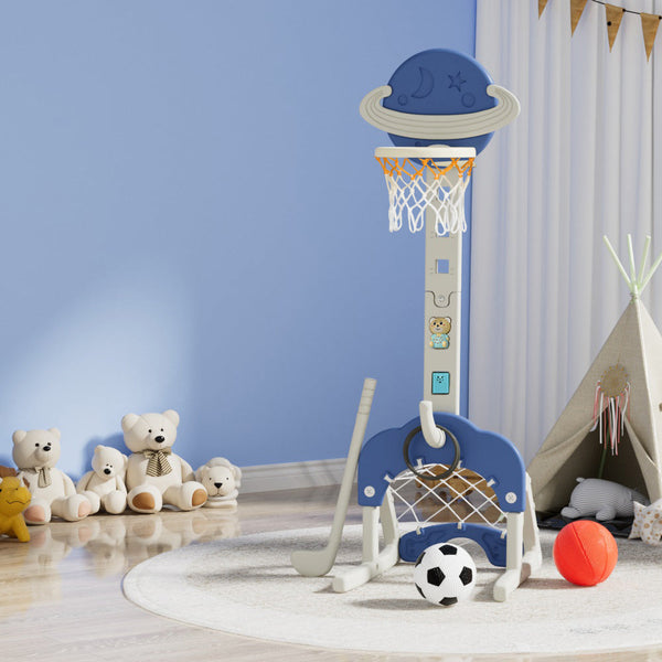 Keezi Kids Basketball Hoop Stand 6 In 1 Sports Center Toys Set Blue Outdoor Toy Balls