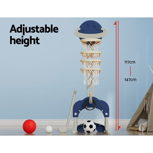 Keezi Kids Basketball Hoop Stand 6 In 1 Sports Center Toys Set Blue Outdoor Toy Balls