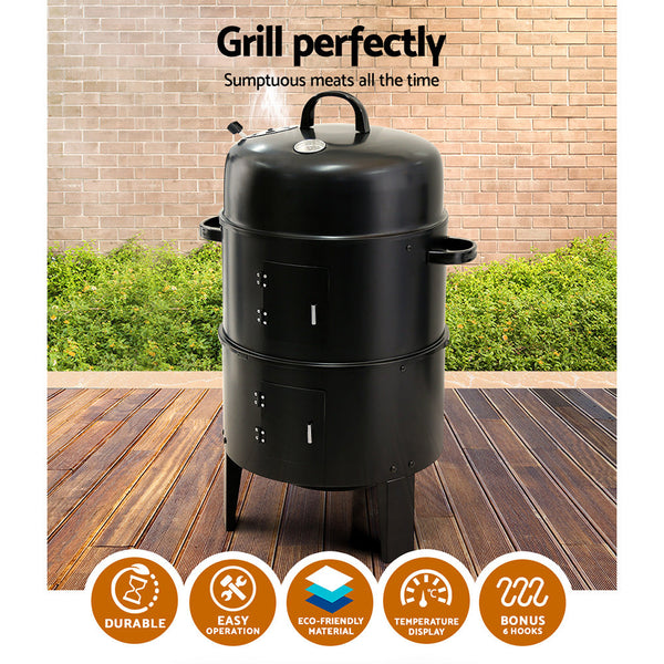 Grillz 3 In 1 Charcoal Bbq Smoker Black Barbecues Grills & Smokers
