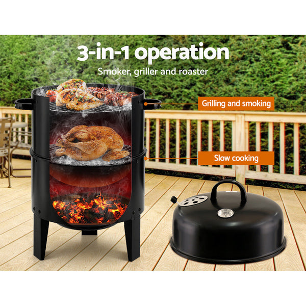Grillz 3 In 1 Charcoal Bbq Smoker Black Barbecues Grills & Smokers