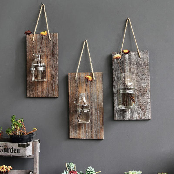 Glass Vase On Hanging Wooden Wall Plaque Home Decor