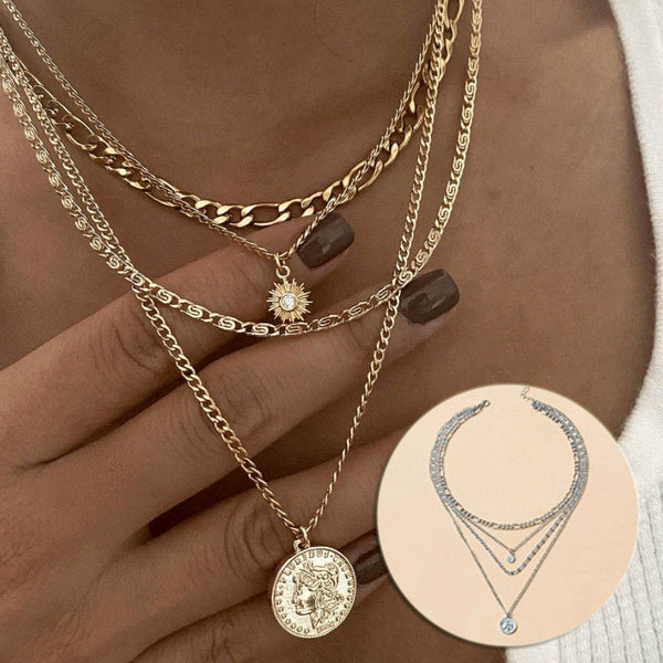 Veile Studios Chunky Gold Necklace Charm For Women Layered Silver Coin Jewelry Necklaces & Pendants