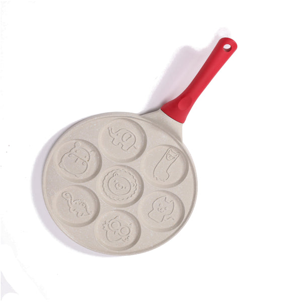 Beige Cartoon + Red Handle (Gas Model) Non Stick Pancake 7 Hole Fun Shapes Breakfast Griddle (27Cm) Frying & Grill Pans