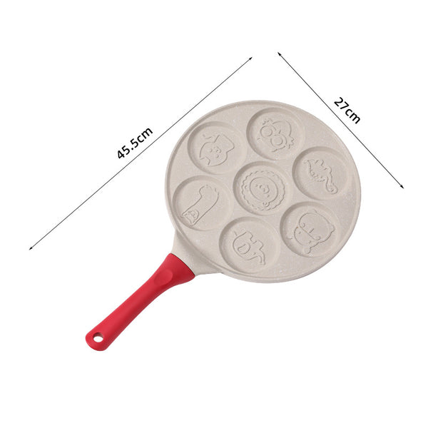Beige Cartoon + Red Handle (Gas Model) Non Stick Pancake 7 Hole Fun Shapes Breakfast Griddle (27Cm) Frying & Grill Pans