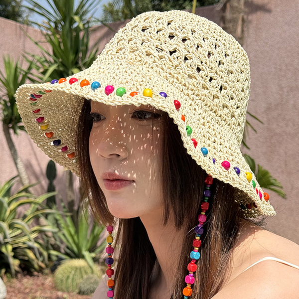 Beige Colourful Wooden Bead Straw Hat For Women Large Brim Sun Protection Hats