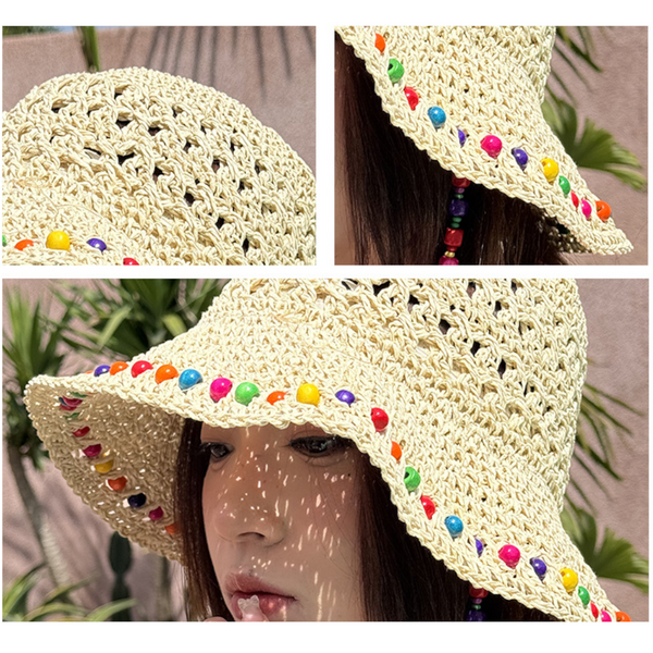 Beige Colourful Wooden Bead Straw Hat For Women Large Brim Sun Protection Hats