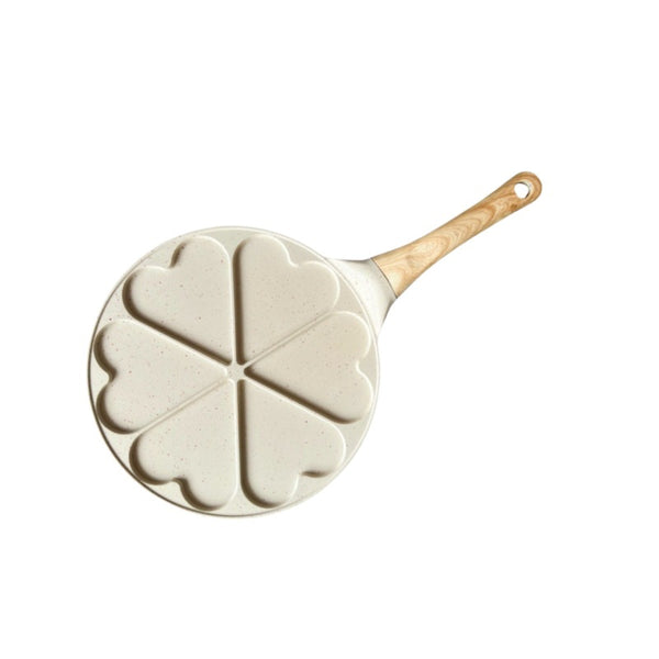 Beige Heart + Wood Grain Handle (Gas Model) Non Stick Pancake 7 Hole Fun Shapes Breakfast Griddle (27Cm) Frying & Grill Pans