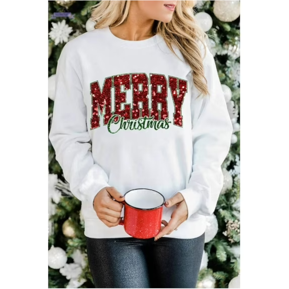 Beige Merry Christmas Heat Transfer Printing Crewneck Pullover Sweatshirt 2Xl Hoodies & Sweatshirts