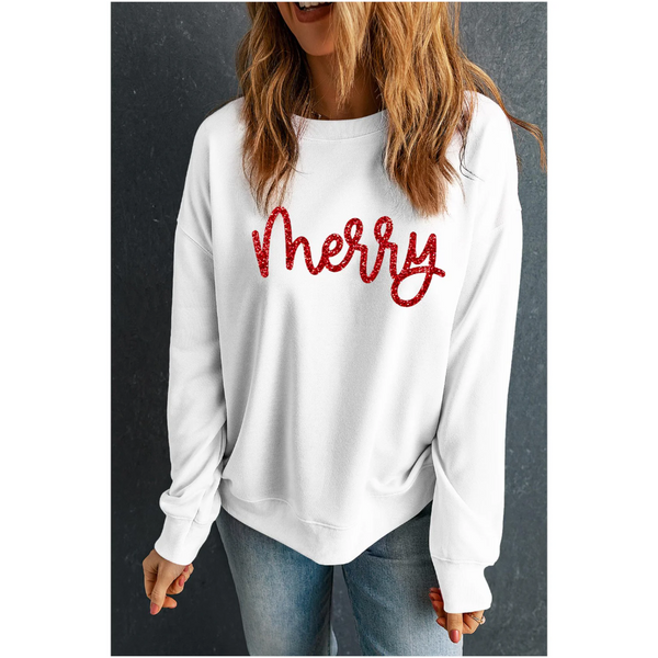 Beige Merry Graphic Christmas Crew Neck Sweatshirt Hoodies & Sweatshirts