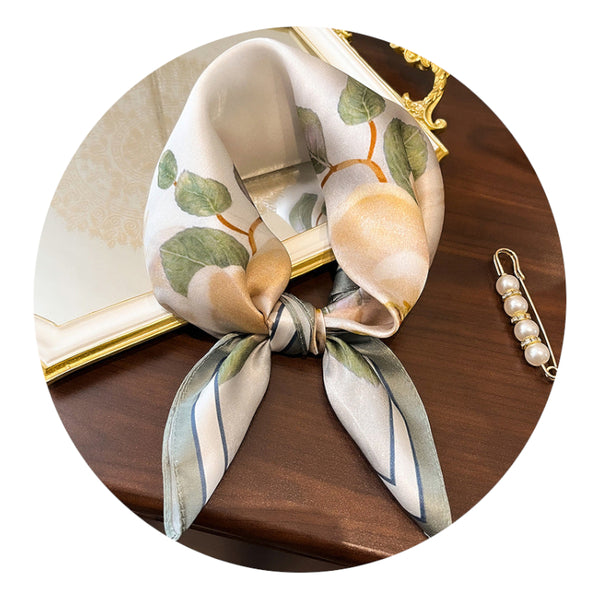 Beige Pure Silk Scarf Elegant Flower Design Square Handkerchief (Style 12) Scarves & Wraps