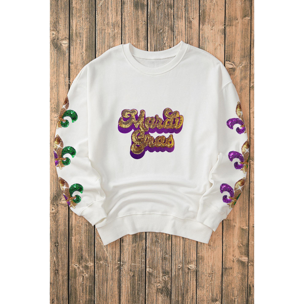Beige Sequin Mardi Gras Patched Pattern Fleur De Lis Sleeve Sweatshirt Hoodies & Sweatshirts