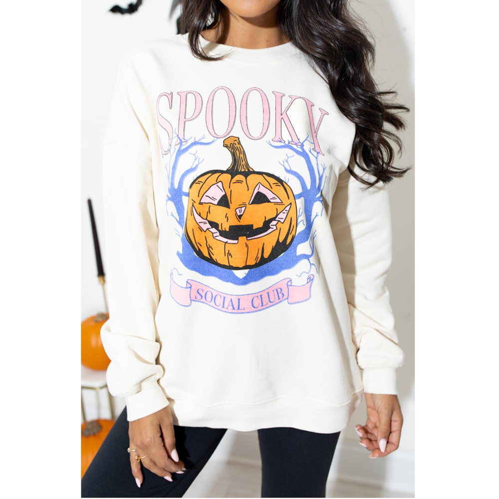 Beige Spooky Social Club Halloween Pumpkin Face Graphic Sweatshirt Hoodies & Sweatshirts