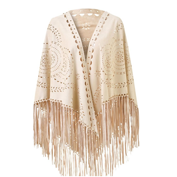 Beige Suede Wheat Tassel Triangle Scarf Autumn Warm Shawl For Women Hollow Out Fringe Design Scarves & Wraps