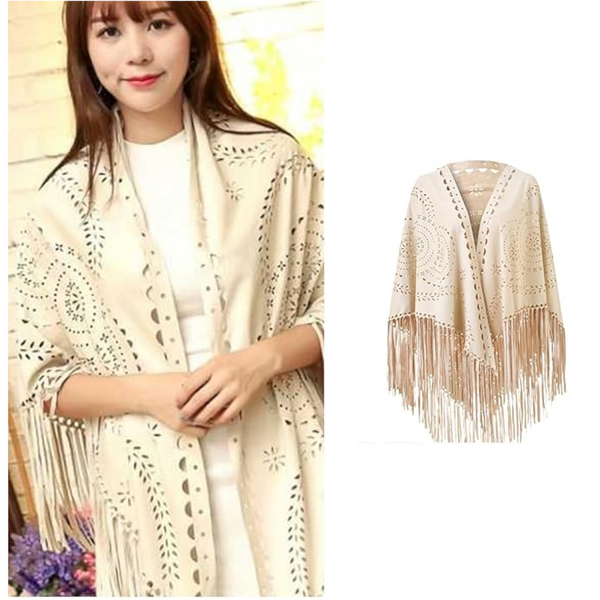 Beige Suede Wheat Tassel Triangle Scarf Autumn Warm Shawl For Women Hollow Out Fringe Design Scarves & Wraps