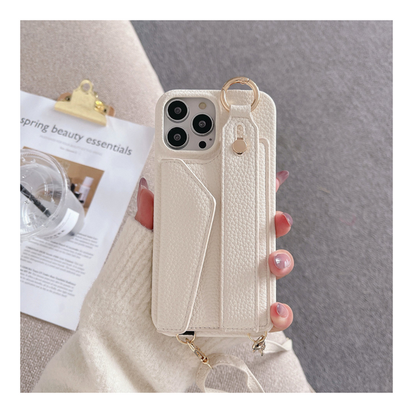 Beige Chic Pu Leather Crossbody Wallet Case For Iphone 16 Pro Card Holder With Detachable Strap & Finger Ring Grip Cases Covers & Skins