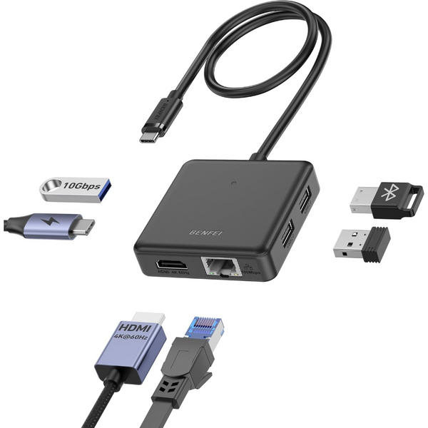 Benfei 399Bk 6 In 1 Usb C Hub To Hdmi(8K)+Usb3.2(10Gbps)+Usb2.0X2+Pd100w+Rj45 Black Usb Cables Hubs & Adapters