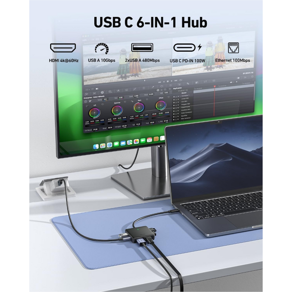 Benfei 399Bk 6 In 1 Usb C Hub To Hdmi(8K)+Usb3.2(10Gbps)+Usb2.0X2+Pd100w+Rj45 Black Usb Cables Hubs & Adapters