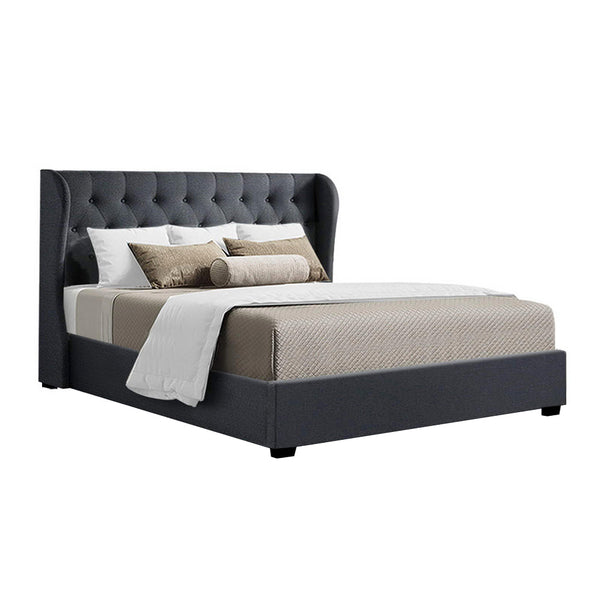 Artiss Issa Bed Frame Fabric Gas Lift Storage Charcoal King King Bed Frames