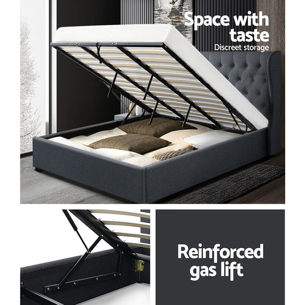 Artiss Issa Bed Frame Fabric Gas Lift Storage Charcoal King King Bed Frames