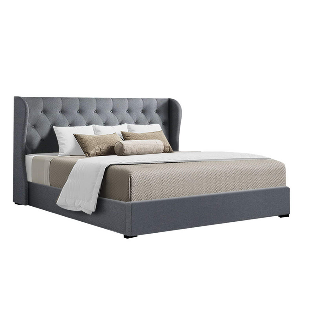 Artiss Issa Bed Frame Fabric Gas Lift Storage Grey King King Bed Frames