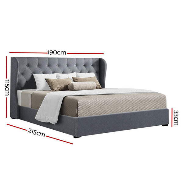 Artiss Issa Bed Frame Fabric Gas Lift Storage Grey King King Bed Frames