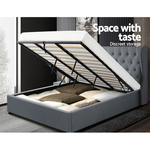Artiss Issa Bed Frame Fabric Gas Lift Storage Grey King King Bed Frames