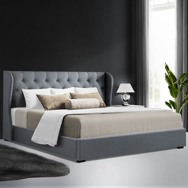 Artiss Issa Bed Frame Fabric Gas Lift Storage Grey King King Bed Frames