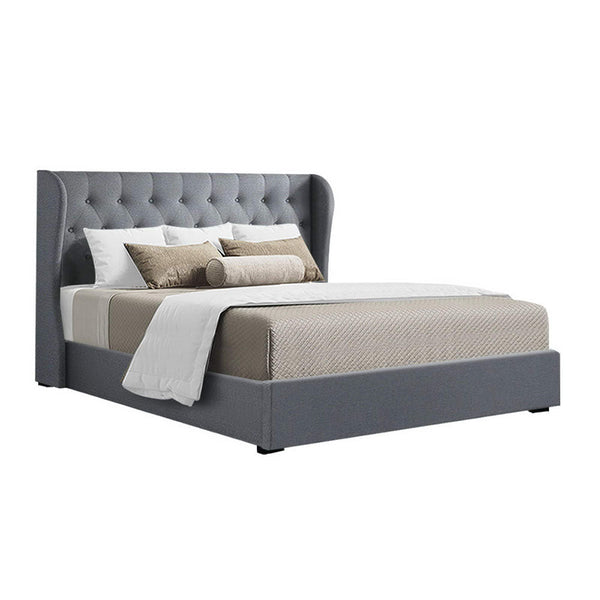 Artiss Issa Bed Frame Fabric Gas Lift Storage Grey Queen Queen Bed Frames
