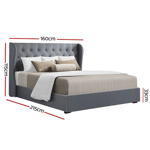 Artiss Issa Bed Frame Fabric Gas Lift Storage Grey Queen Queen Bed Frames