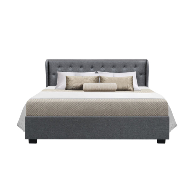 Artiss Issa Bed Frame Fabric Gas Lift Storage Grey Queen Queen Bed Frames