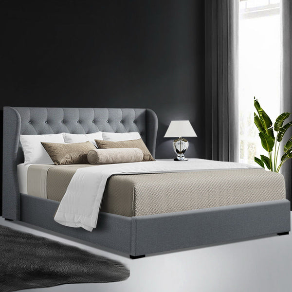 Artiss Issa Bed Frame Fabric Gas Lift Storage Grey Queen Queen Bed Frames