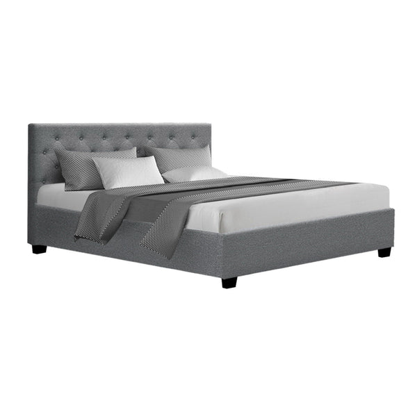 Artiss Vila Bed Frame Fabric Gas Lift Storage Grey Queen Queen Bed Frames
