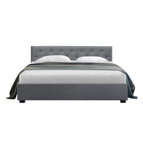 Artiss Vila Bed Frame Fabric Gas Lift Storage Grey Queen Queen Bed Frames