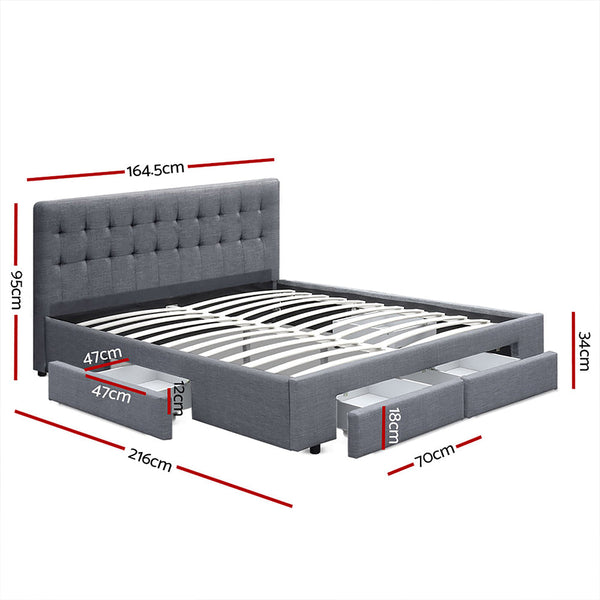 Artiss Avio Bed Frame Fabric Storage Drawers Grey Queen Queen Bed Frames
