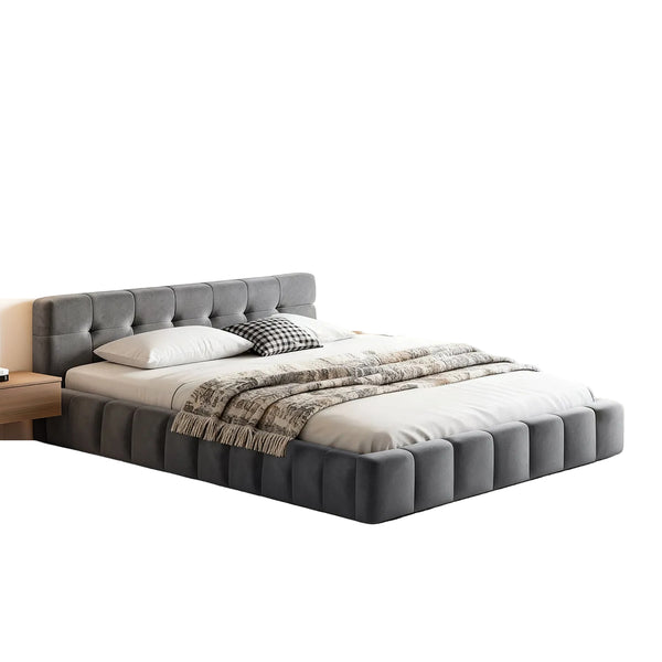 Velvet Double Bed Frame Plush Headboard Platform Base Grey Furniture Double Bed Frames