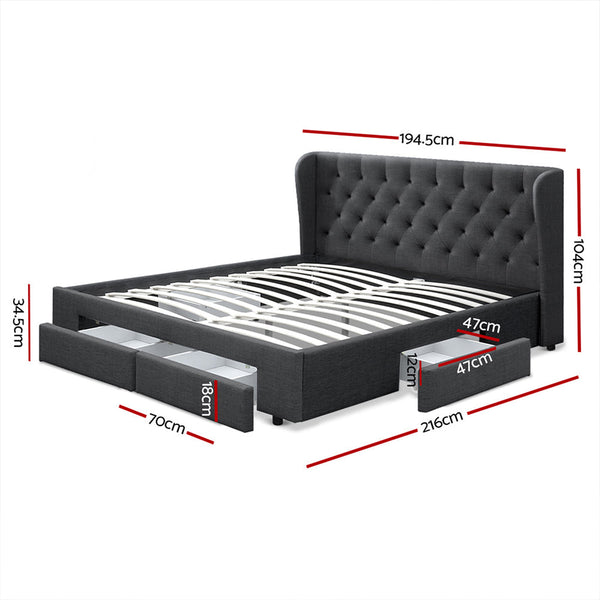 Artiss Mila Bed Frame Storage Drawers Fabric Charcoal King King Bed Frames