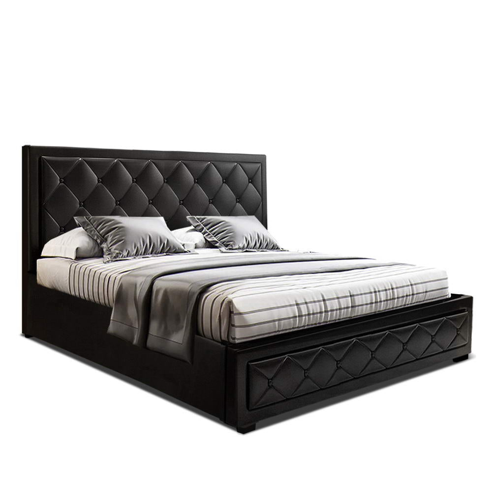Artiss Tiyo Bed Frame Pu Leather Gas Lift Storage Black Queen Queen Bed Frames