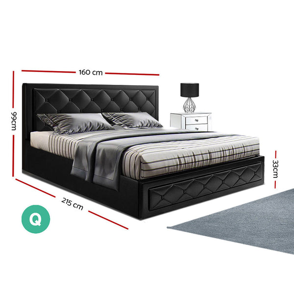 Artiss Tiyo Bed Frame Pu Leather Gas Lift Storage Black Queen Queen Bed Frames