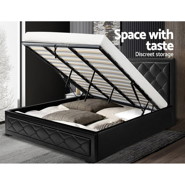 Artiss Tiyo Bed Frame Pu Leather Gas Lift Storage Black King King Bed Frames