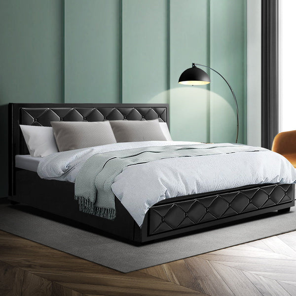 Artiss Tiyo Bed Frame Pu Leather Gas Lift Storage Black King King Bed Frames