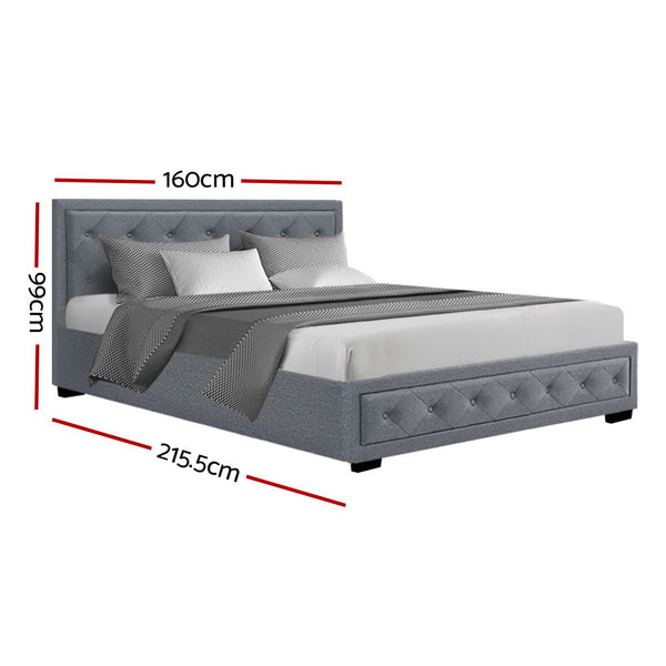Artiss Tiyo Bed Frame Fabric Gas Lift Storage Grey Queen Queen Bed Frames