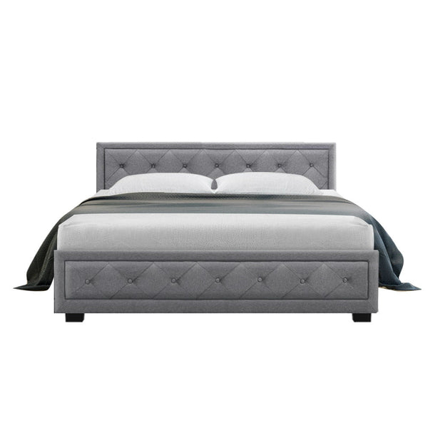 Artiss Tiyo Bed Frame Fabric Gas Lift Storage Grey Queen Queen Bed Frames