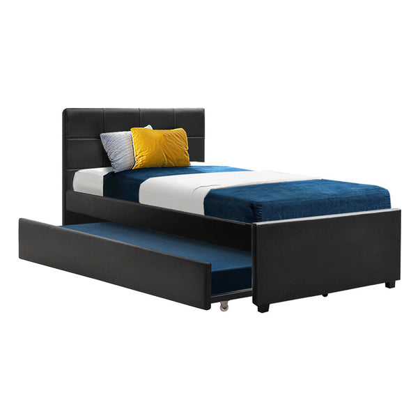 Artiss Trundle Bed Frame King Single Size Black Leather King Single Bed Frames
