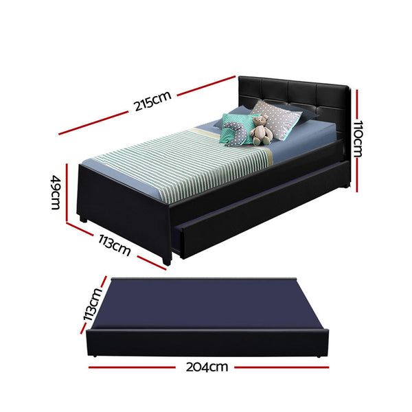 Artiss Trundle Bed Frame King Single Size Black Leather King Single Bed Frames