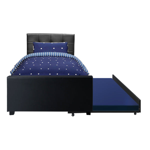 Artiss Trundle Bed Frame King Single Size Black Leather King Single Bed Frames